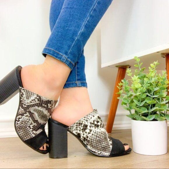 Snake Print Open Toe Slip on Chunky High Heel - Picture 6 of 8